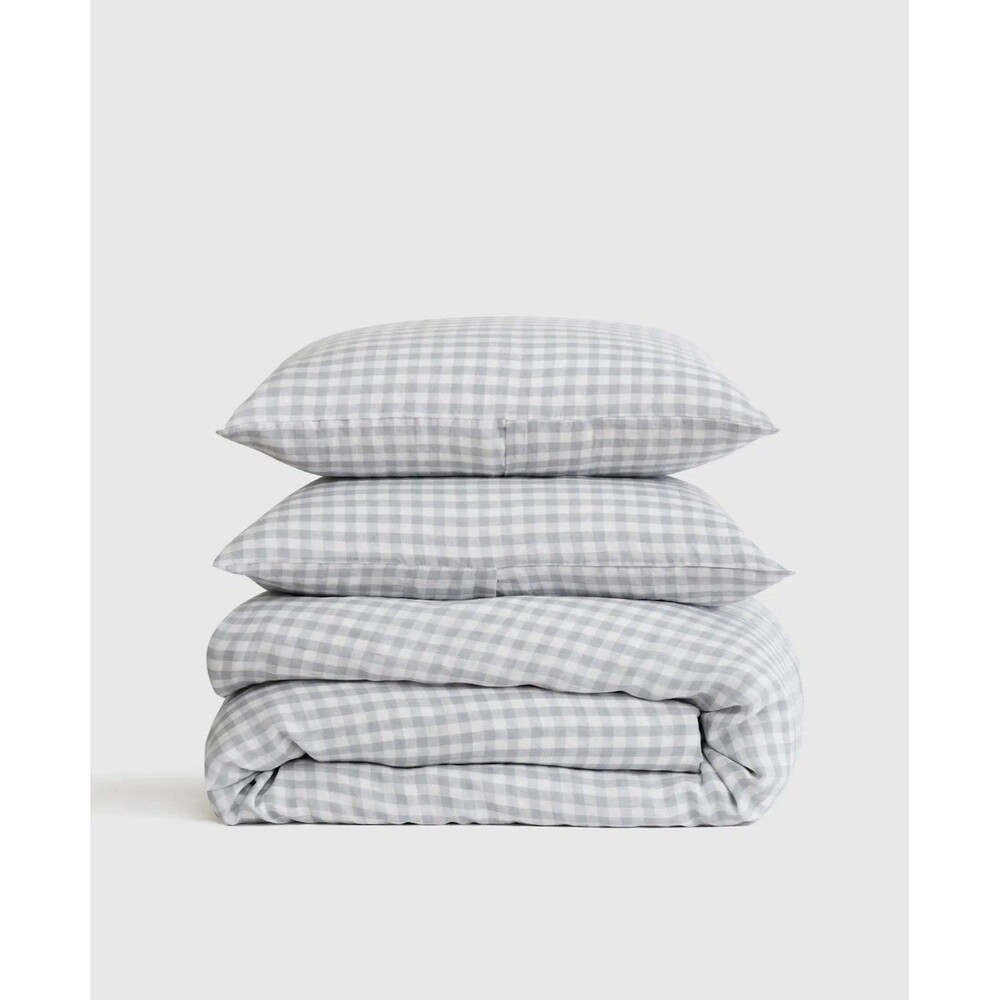 Quince European 100% Linen Duvet Set & 2 Shams Blue Fog Gingham King/Cal King